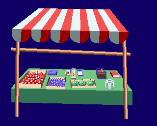Market stand with scales and fruits